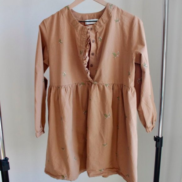 Tan/Beige Ruffle Embroidered Babydoll Dress OSFA - Picture 1 of 7